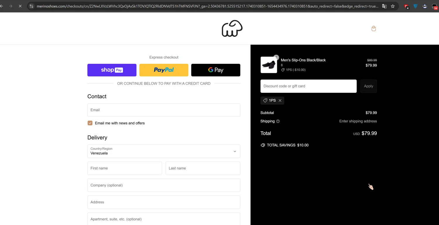Merinos coupon code screenshot showing code 1PS applied at Merinos checkout page. Uploaded by SimplyCodes community member Cbombis on Feb 23, 2025
