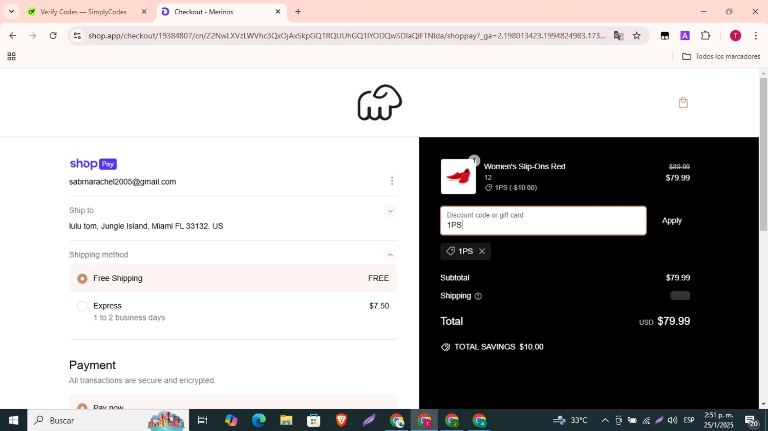 Merinos coupon code screenshot showing code 1PS applied at Merinos checkout page. Uploaded by SimplyCodes community member SavvyLynx7166 on Jan 25, 2025