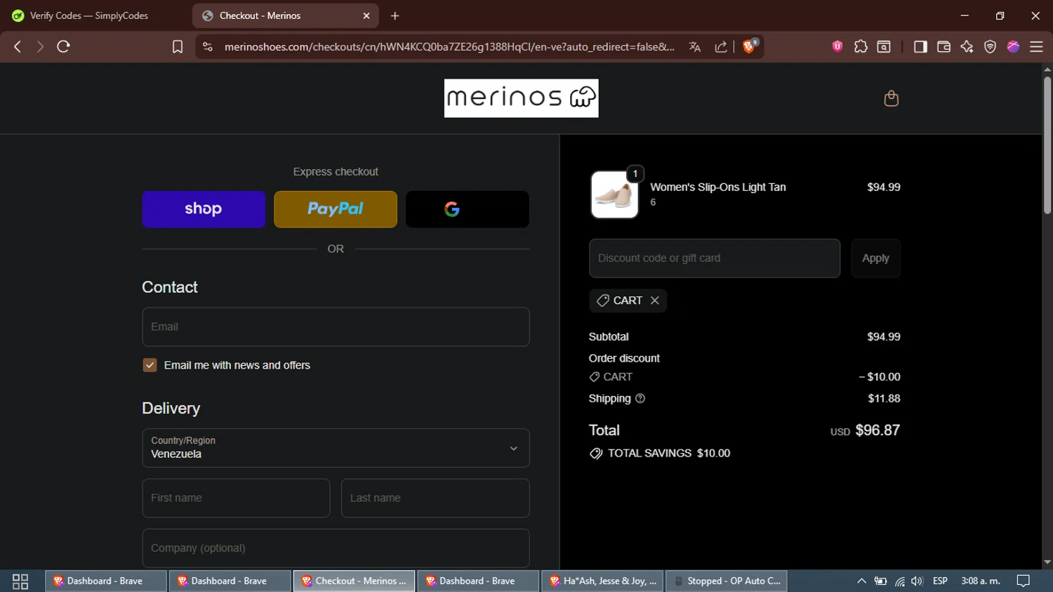 Merinos coupon code screenshot showing code CART applied at Merinos checkout page. Uploaded by SimplyCodes community member Alfred on Oct 20, 2025