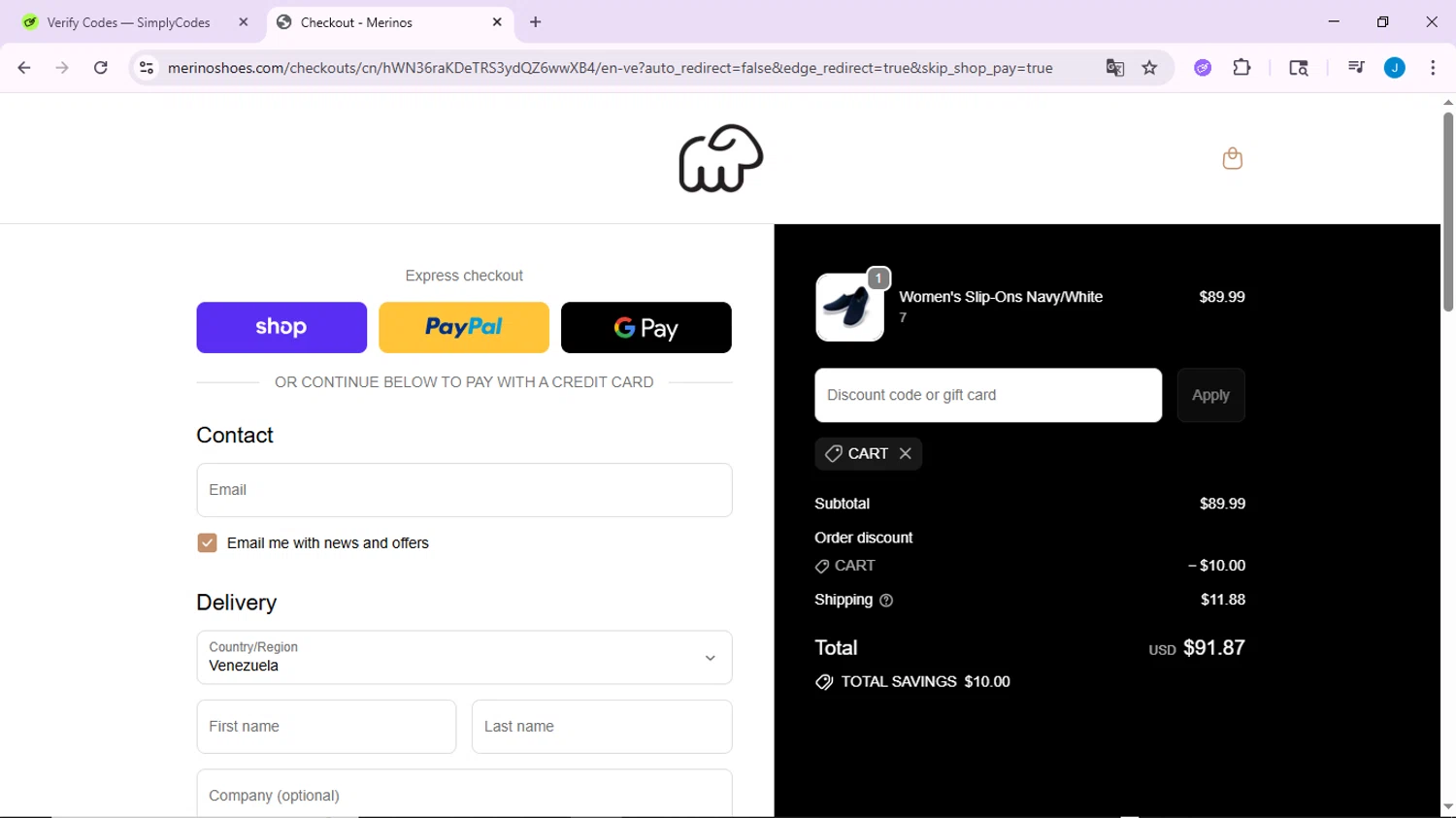 Merinos coupon code screenshot showing code CART applied at Merinos checkout page. Uploaded by SimplyCodes community member CodeLynx3161 on Sep 18, 2025