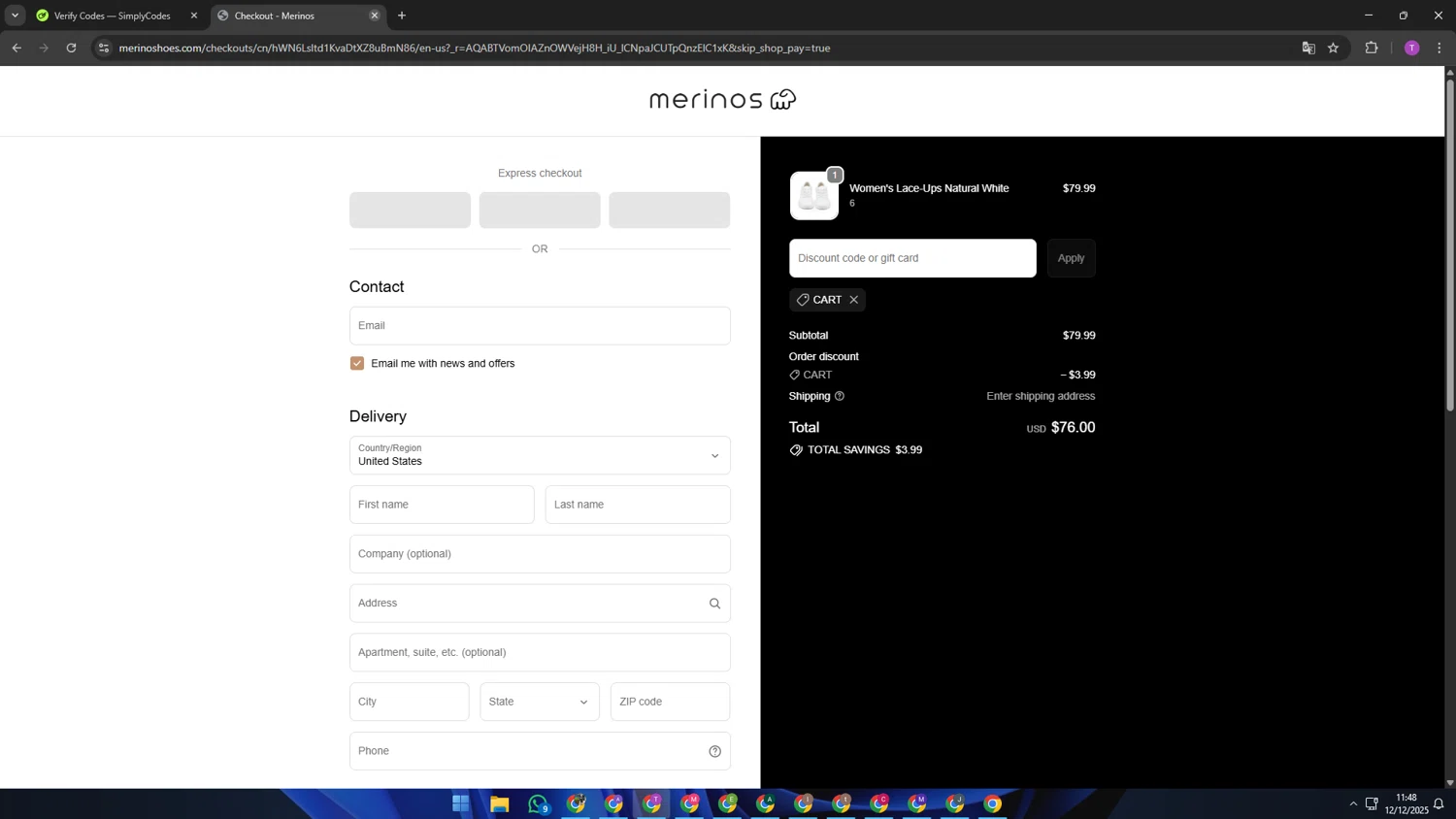 Merinos coupon code screenshot showing code CART applied at Merinos checkout page. Uploaded by SimplyCodes community member ShrewdSleuth9497 on Dec 12, 2025