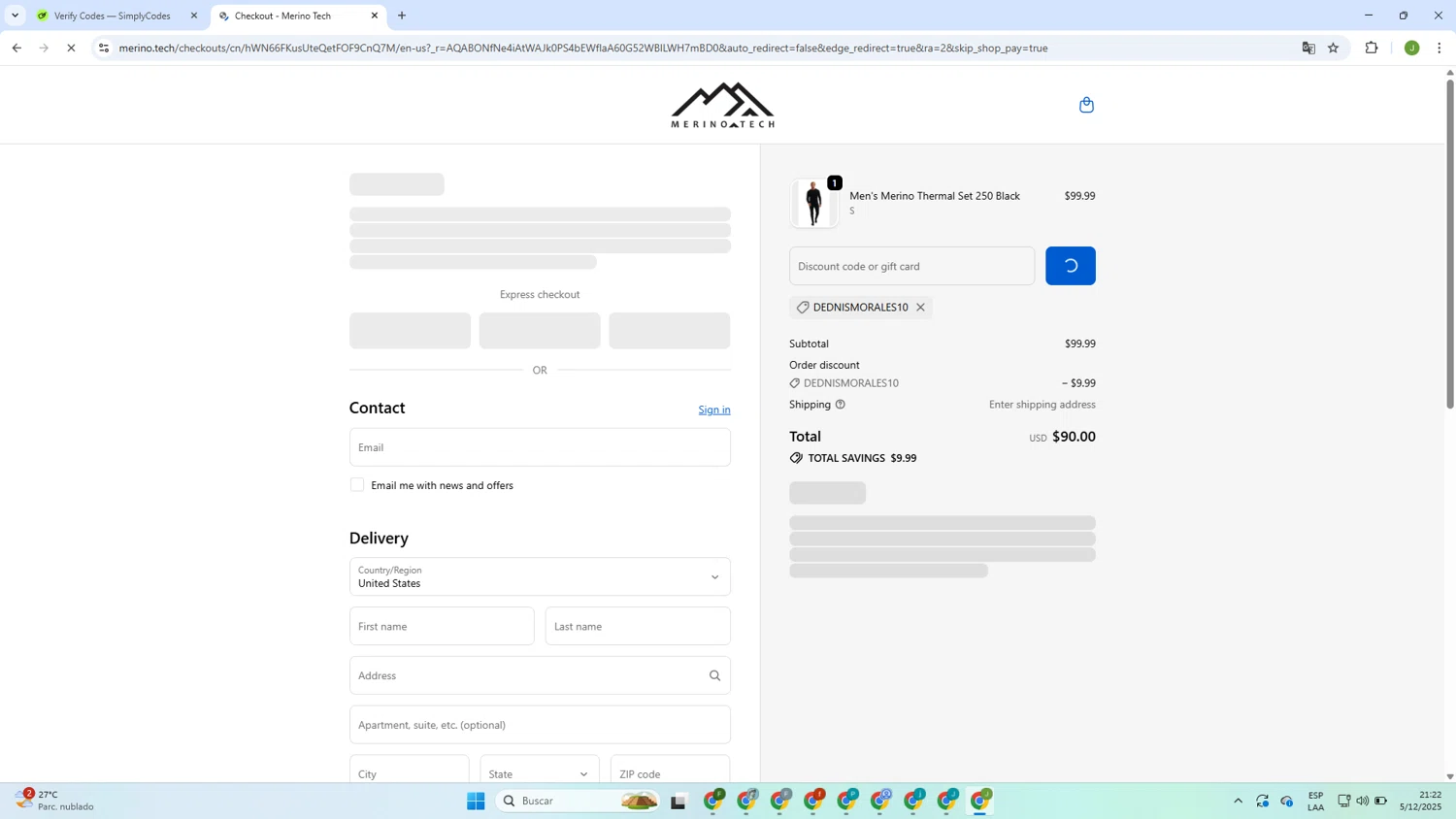 Merino Tech discount code screenshot showing code DEDNISMORALES10 applied at Merino Tech checkout page. Uploaded by SimplyCodes community member Elcogeculo on Dec 6, 2025