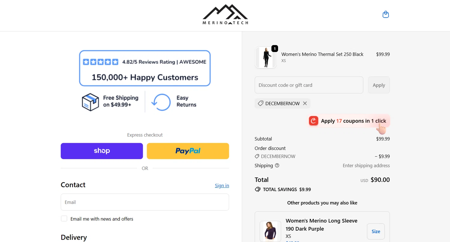Merino Tech discount code screenshot showing code Decembernow applied at Merino Tech checkout page. Uploaded by SimplyCodes community member juancrisostomo on Dec 25, 2025
