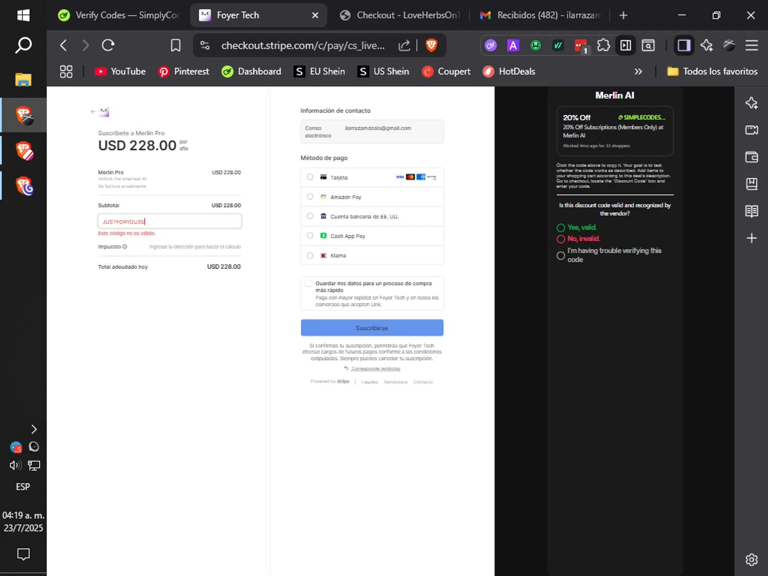 Merlin AI promo code screenshot showing code JUSTFORYOU35 applied at Merlin AI checkout page. Uploaded by SimplyCodes community member ilarrazaM1 on Jul 23, 2025