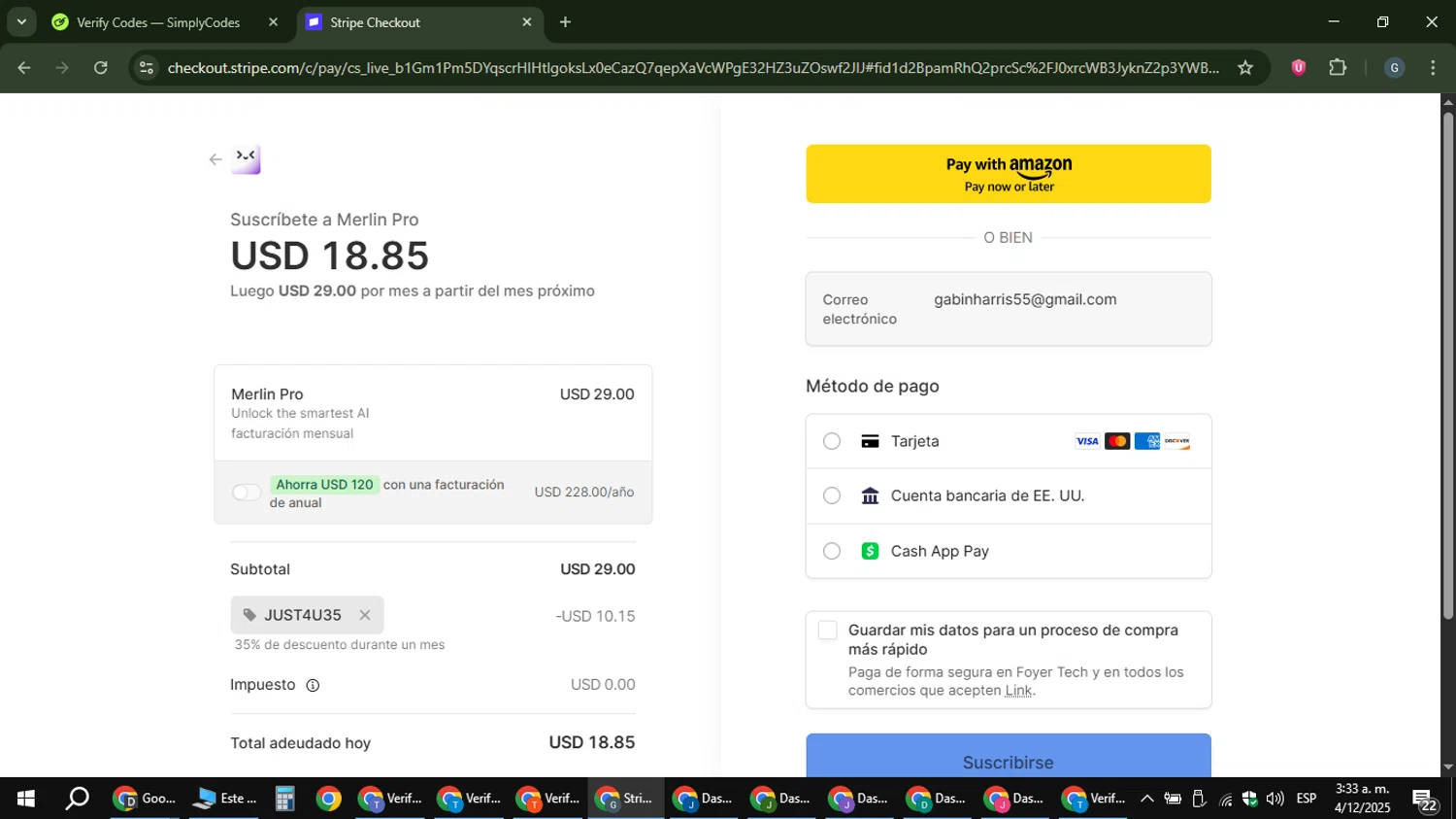 Merlin AI promo code screenshot showing code JUST4U35 applied at Merlin AI checkout page. Uploaded by SimplyCodes community member gabinharris55 on Dec 4, 2025