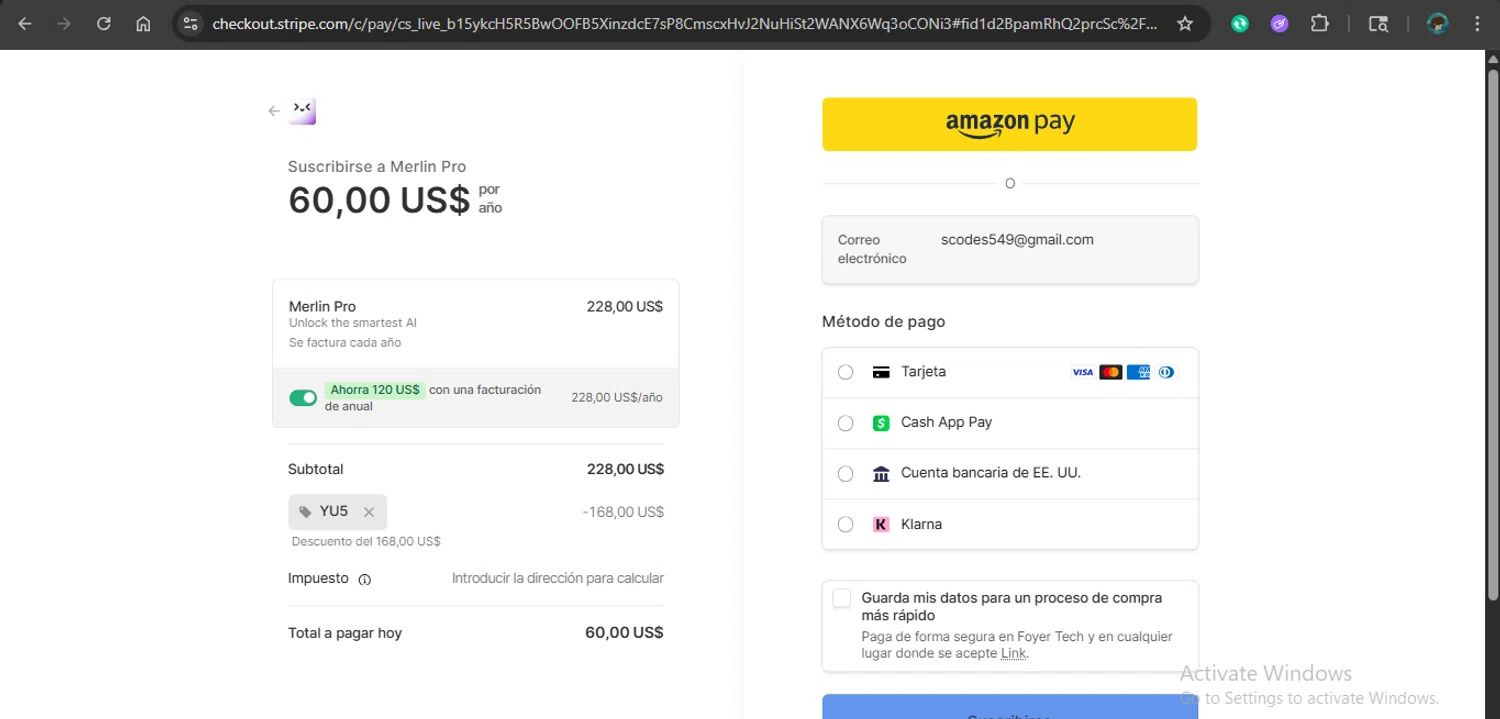 Merlin AI checkout page showing Merlin AI promo code box | Screenshot taken by SimplyCodes community member on Dec 5, 2025
