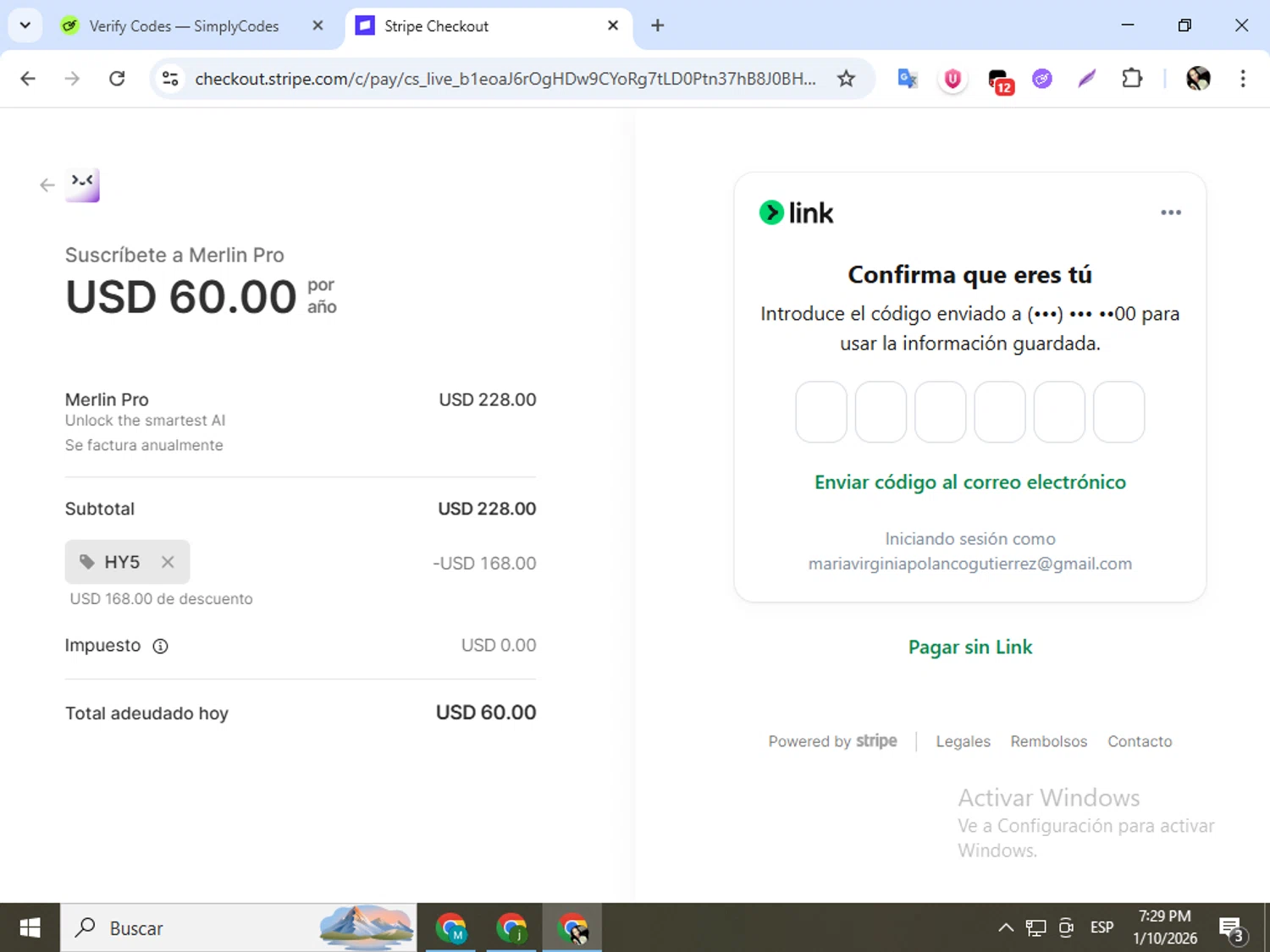 Merlin AI checkout page showing Merlin AI promo code box | Screenshot taken by SimplyCodes community member on Jan 10, 2026