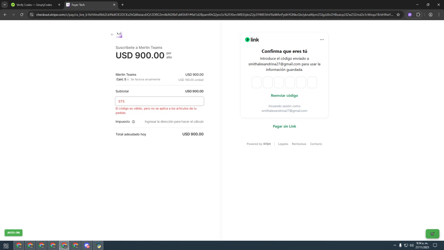 Merlin AI promo code screenshot showing code ST5 applied at Merlin AI checkout page. Uploaded by SimplyCodes community member CashSage1885 on Nov 27, 2025