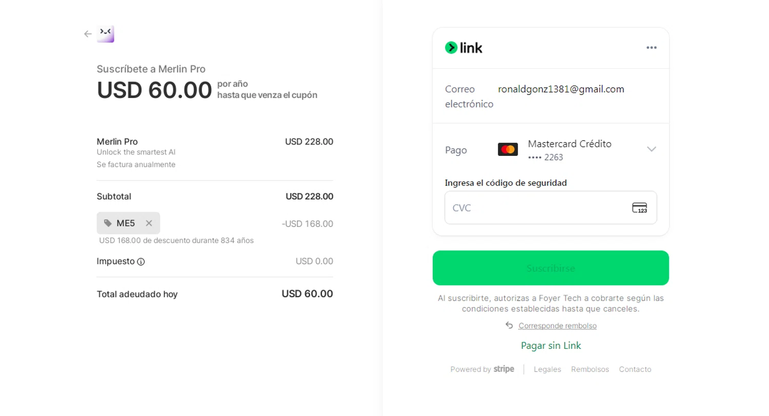 Merlin AI promo code screenshot showing code ME5 applied at Merlin AI checkout page. Uploaded by SimplyCodes community member SmartSaver7916 on Oct 30, 2025