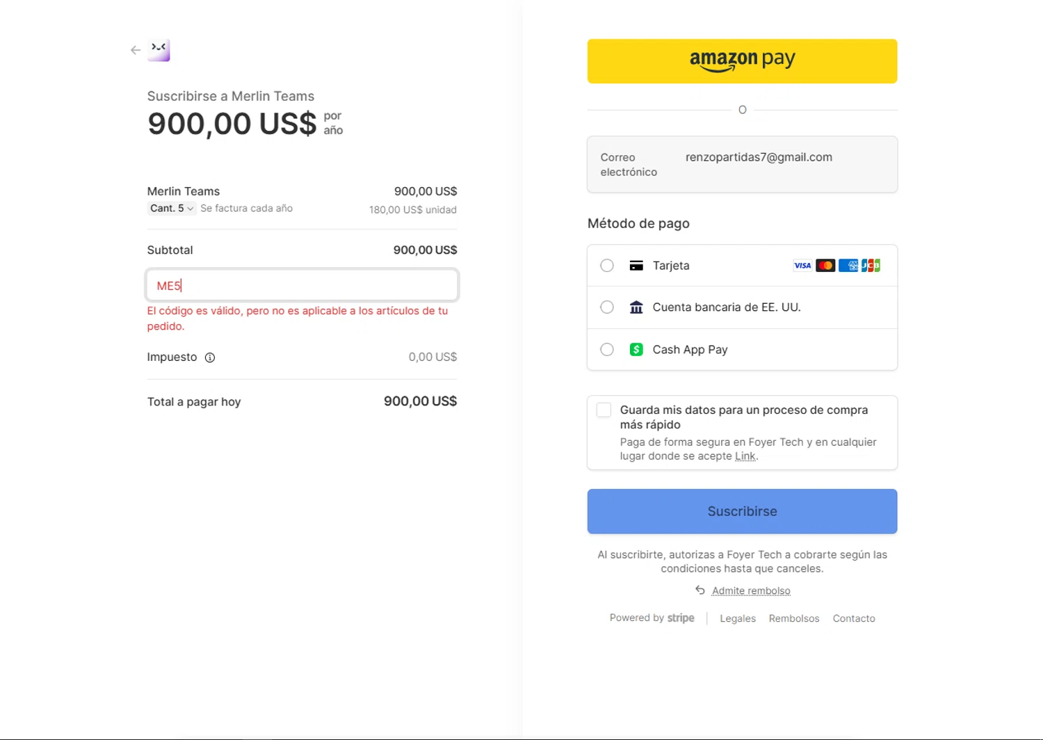 Merlin AI promo code screenshot showing code ME5 applied at Merlin AI checkout page. Uploaded by SimplyCodes community member SwiftTracker8156 on Nov 27, 2025