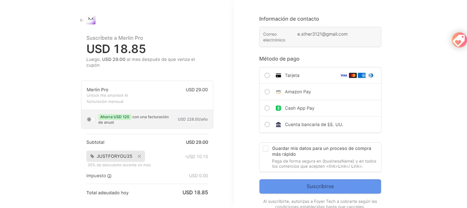 Merlin AI promo code screenshot showing code JUSTFORYOU35 applied at Merlin AI checkout page. Uploaded by SimplyCodes community member ESTHER3121 on Aug 20, 2025