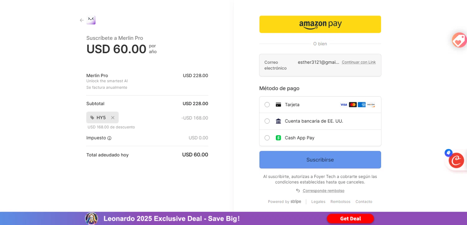Merlin AI promo code screenshot showing code HY5 applied at Merlin AI checkout page. Uploaded by SimplyCodes community member ESTHER3121 on Oct 29, 2025