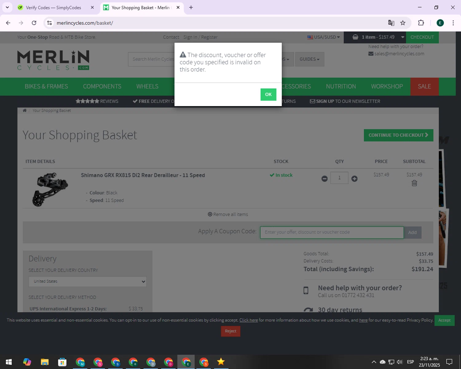 Merlin Cycles discount code screenshot showing code TDF7 applied at Merlin Cycles checkout page. Uploaded by SimplyCodes community member 00000006 on Nov 23, 2025