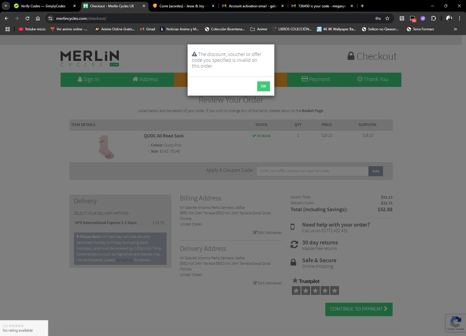 Merlin Cycles discount code screenshot showing code AD005 applied at Merlin Cycles checkout page. Uploaded by SimplyCodes community member Gabrielo2000 on Jul 31, 2025