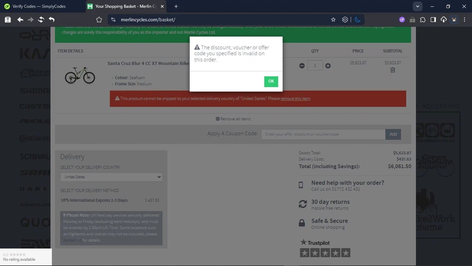 Merlin Cycles discount code screenshot showing code AD005 applied at Merlin Cycles checkout page. Uploaded by SimplyCodes community member ValiantHunter5929 on Aug 14, 2025