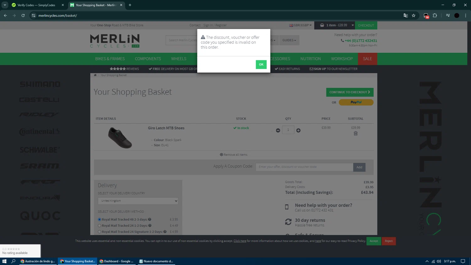 Merlin Cycles checkout page showing Merlin Cycles discount code box | Screenshot taken by SimplyCodes community member on Mar 15, 2025