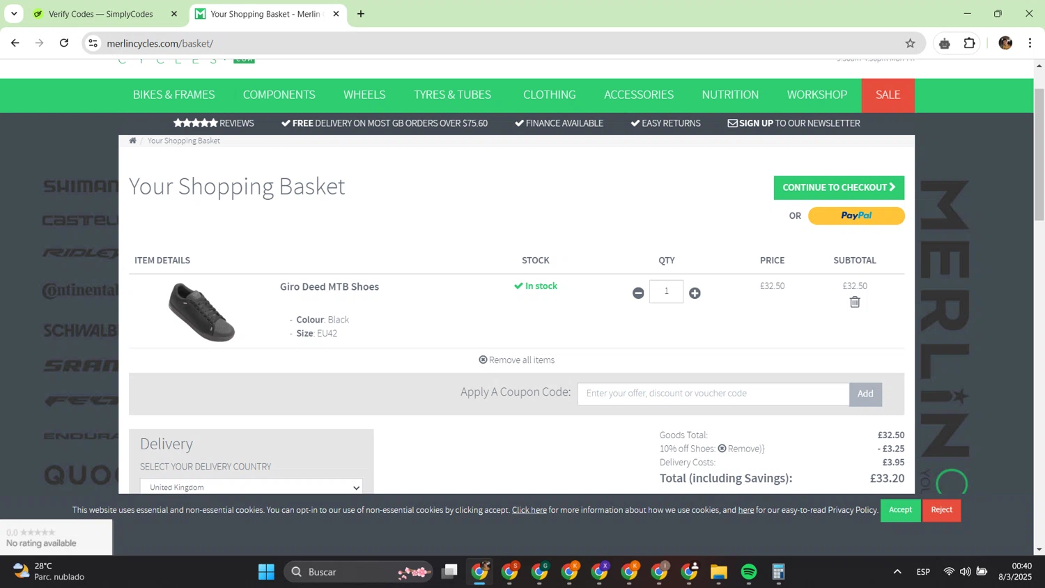 Merlin Cycles checkout page showing Merlin Cycles discount code box | Screenshot taken by SimplyCodes community member on Mar 8, 2025