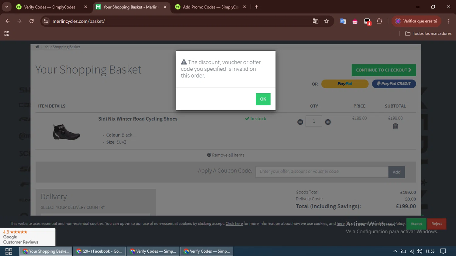 Merlin Cycles checkout page showing Merlin Cycles discount code box | Screenshot taken by SimplyCodes community member on Mar 15, 2025
