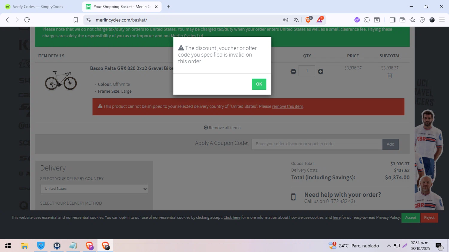 Merlin Cycles discount code screenshot showing code TDF10 applied at Merlin Cycles checkout page. Uploaded by SimplyCodes community member DiscountDefender1226 on Oct 8, 2025