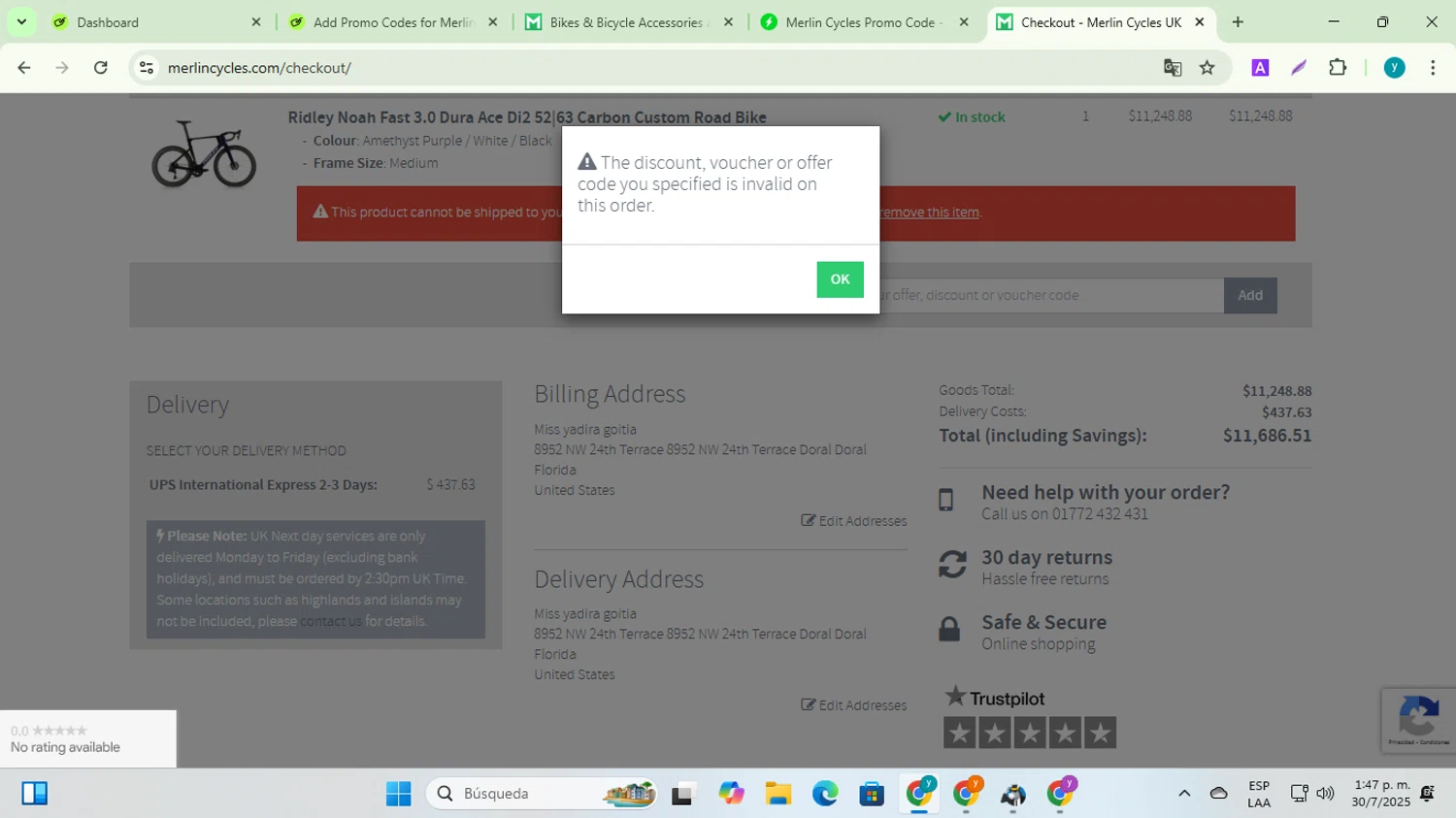 Merlin Cycles discount code screenshot showing code AD005 applied at Merlin Cycles checkout page. Uploaded by SimplyCodes community member yadiracg074 on Jul 30, 2025