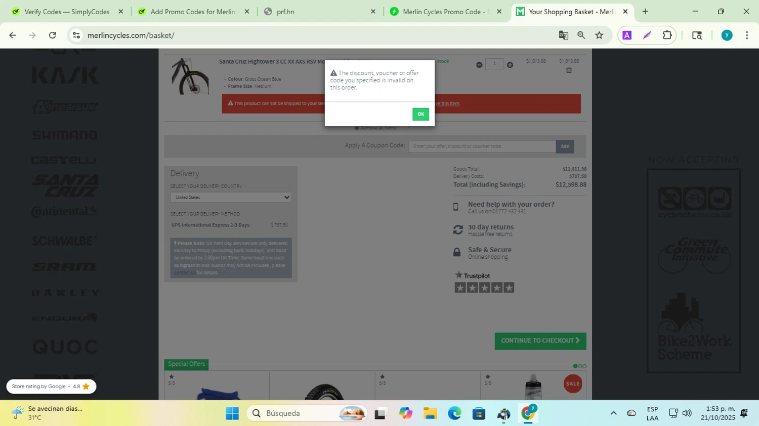 Merlin Cycles discount code screenshot showing code STEP10 applied at Merlin Cycles checkout page. Uploaded by SimplyCodes community member yadiracg074 on Oct 21, 2025