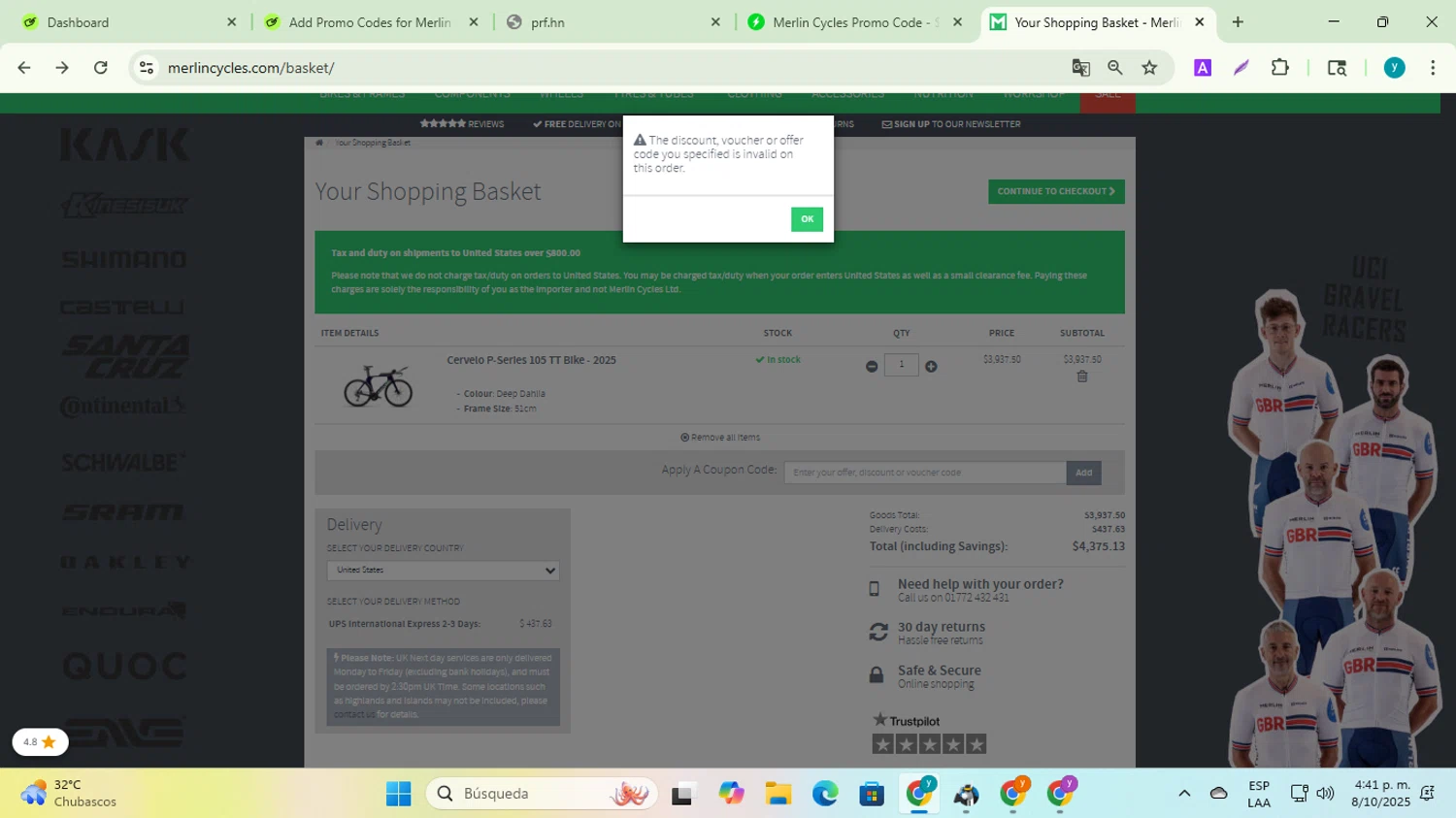 Merlin Cycles discount code screenshot showing code TDF10 applied at Merlin Cycles checkout page. Uploaded by SimplyCodes community member yadiracg074 on Oct 8, 2025