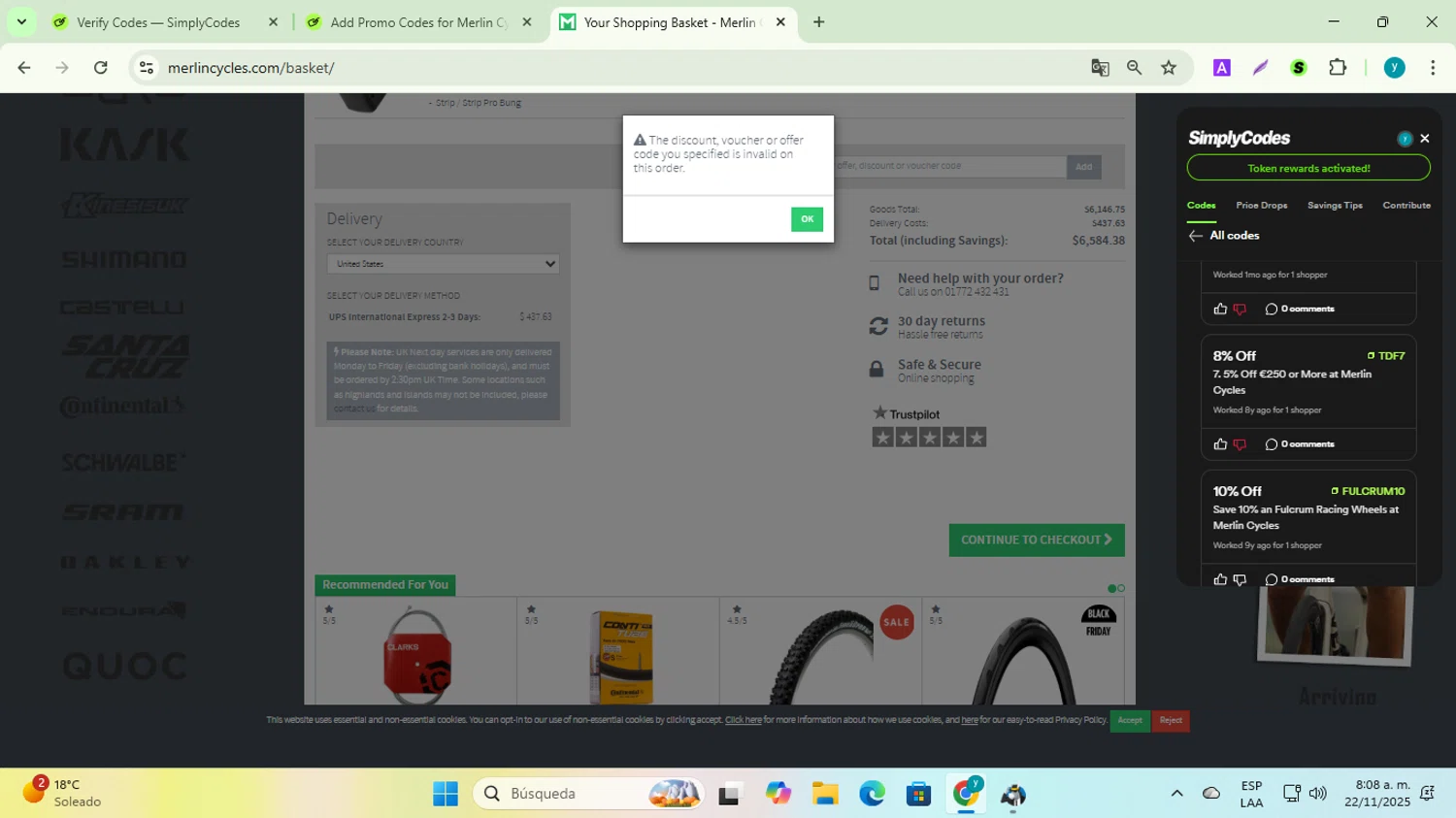 Merlin Cycles discount code screenshot showing code TDF7 applied at Merlin Cycles checkout page. Uploaded by SimplyCodes community member yadiracg074 on Nov 22, 2025