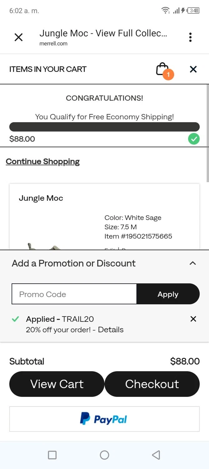Merrell promo code screenshot showing code TRAIL20 applied at Merrell checkout page. Uploaded by SimplyCodes community member BonusVoyager4214 on Mar 2, 2026