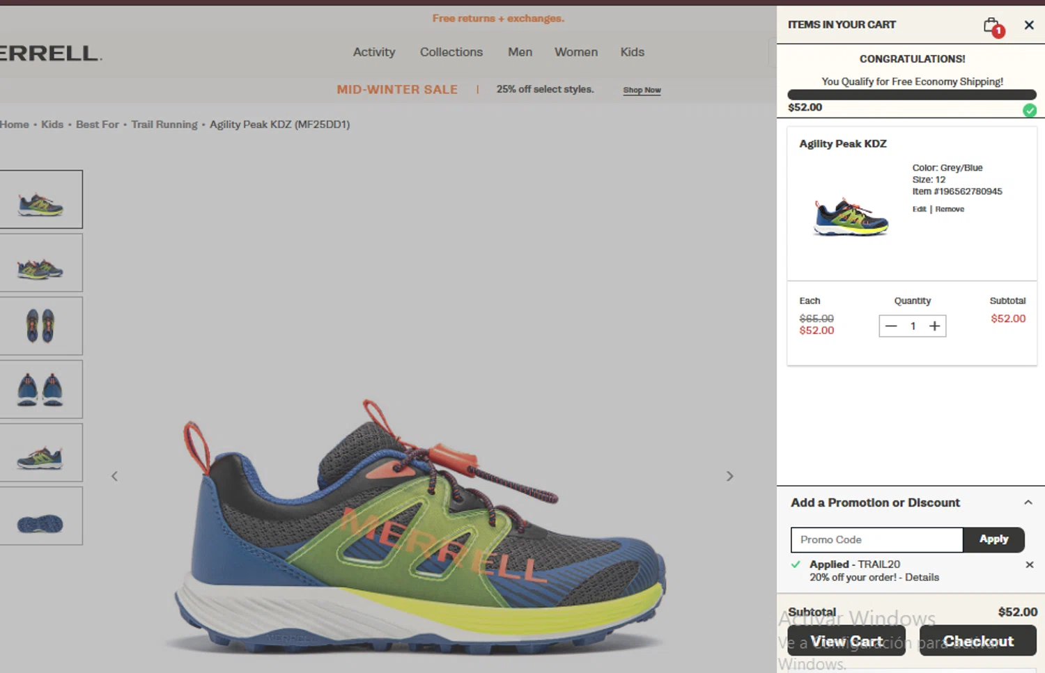 Merrell promo code screenshot showing code TRAIL20 applied at Merrell checkout page. Uploaded by SimplyCodes community member Carolisea on Feb 24, 2026