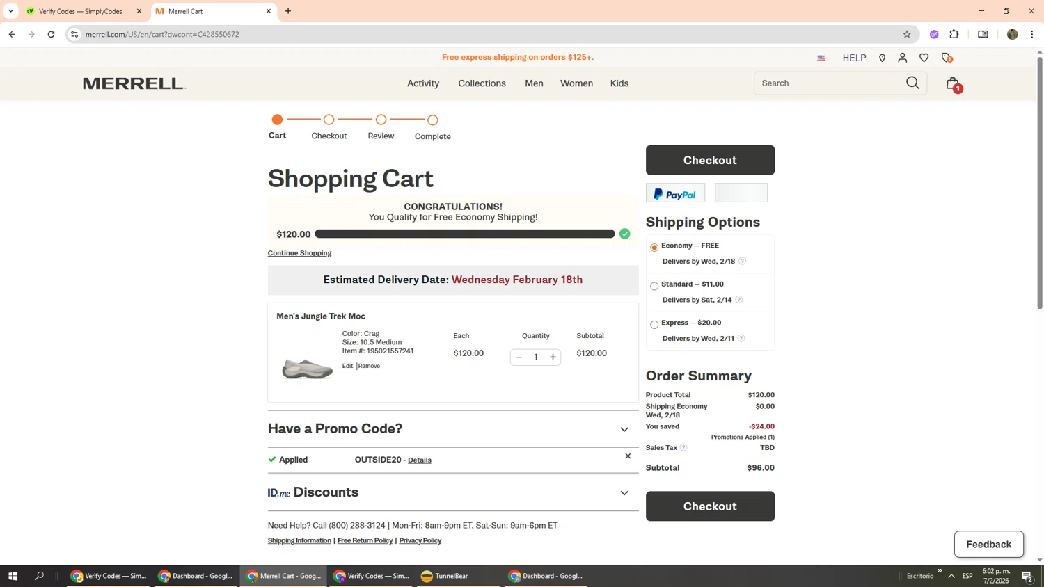Merrell promo code screenshot showing code OUTSIDE20 applied at Merrell checkout page. Uploaded by SimplyCodes community member Phoenix585 on Feb 7, 2026