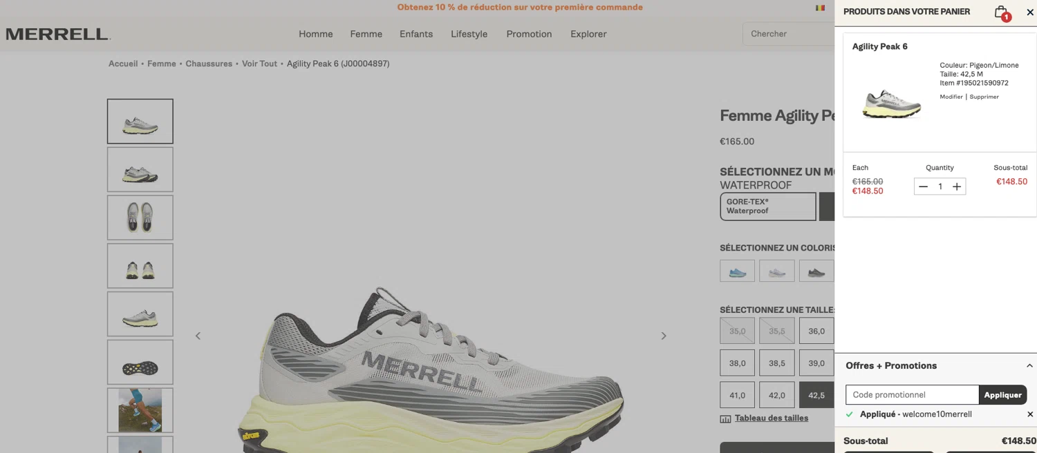 Merrell promo code screenshot showing code WELCOME10MERRELL applied at Merrell checkout page. Uploaded by SimplyCodes community member ELOIN777 on Feb 12, 2026