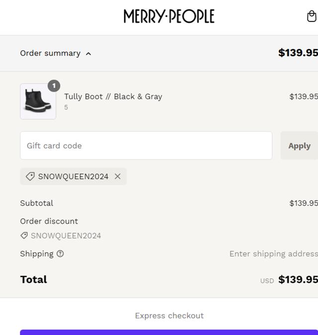 Merry People US checkout page showing Merry People US promo code box | Screenshot taken by SimplyCodes community member on Dec 27, 2024