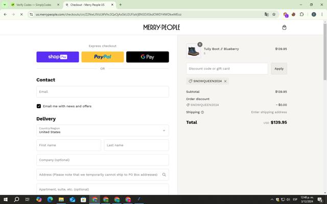 Merry People US checkout page showing Merry People US promo code box | Screenshot taken by SimplyCodes community member on Dec 3, 2024