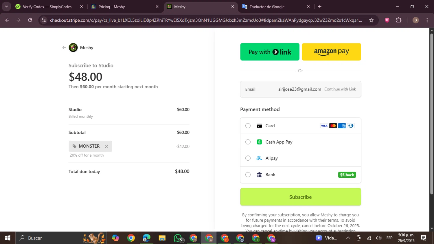 Meshy AI promo code screenshot showing code MONSTER applied at Meshy AI checkout page. Uploaded by SimplyCodes community member BrilliantTracker4207 on Sep 26, 2025