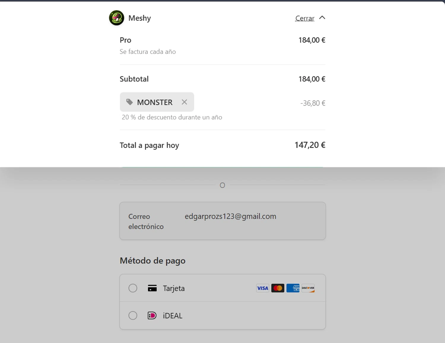 Meshy AI promo code screenshot showing code MONSTER applied at Meshy AI checkout page. Uploaded by SimplyCodes community member ValiantLion5897 on Oct 16, 2025