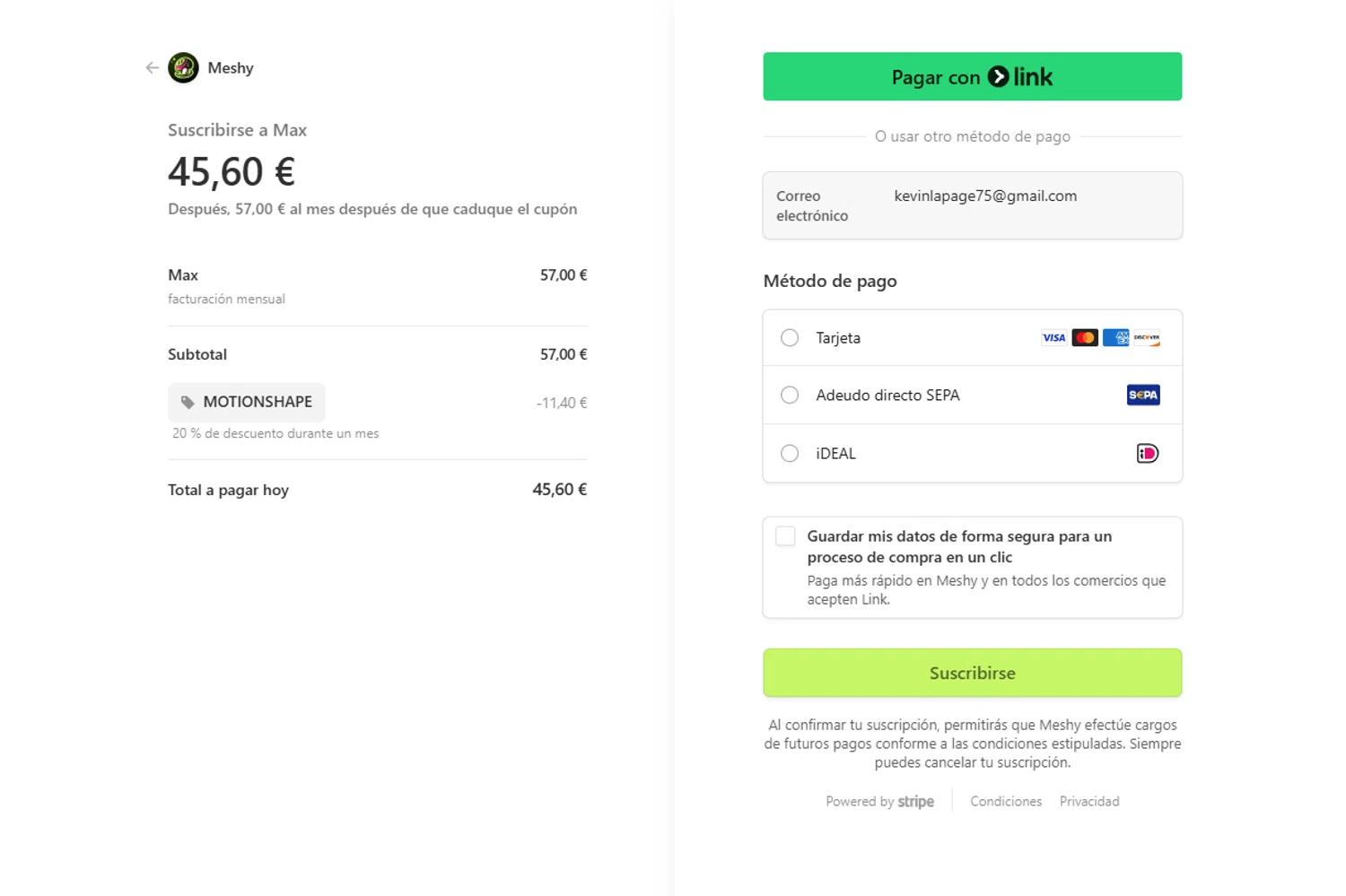 Meshy AI promo code screenshot showing code Motionshape applied at Meshy AI checkout page. Uploaded by SimplyCodes community member CashTracker4266 on Mar 3, 2025