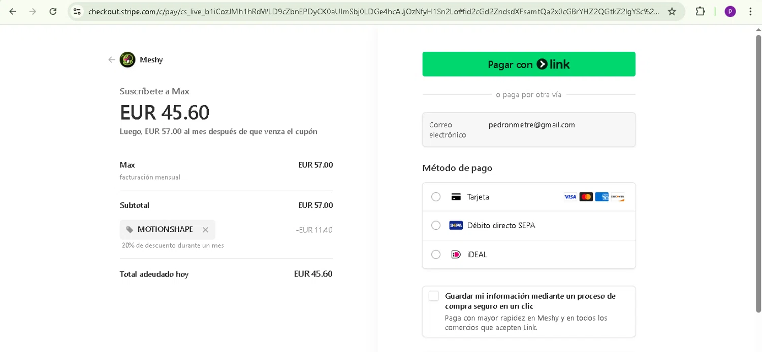 Meshy AI promo code screenshot showing code Motionshape applied at Meshy AI checkout page. Uploaded by SimplyCodes community member TreasureMaverick5280 on Apr 1, 2025