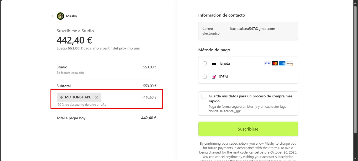 Meshy AI promo code screenshot showing code Motionshape applied at Meshy AI checkout page. Uploaded by SimplyCodes community member noworries on Sep 26, 2025