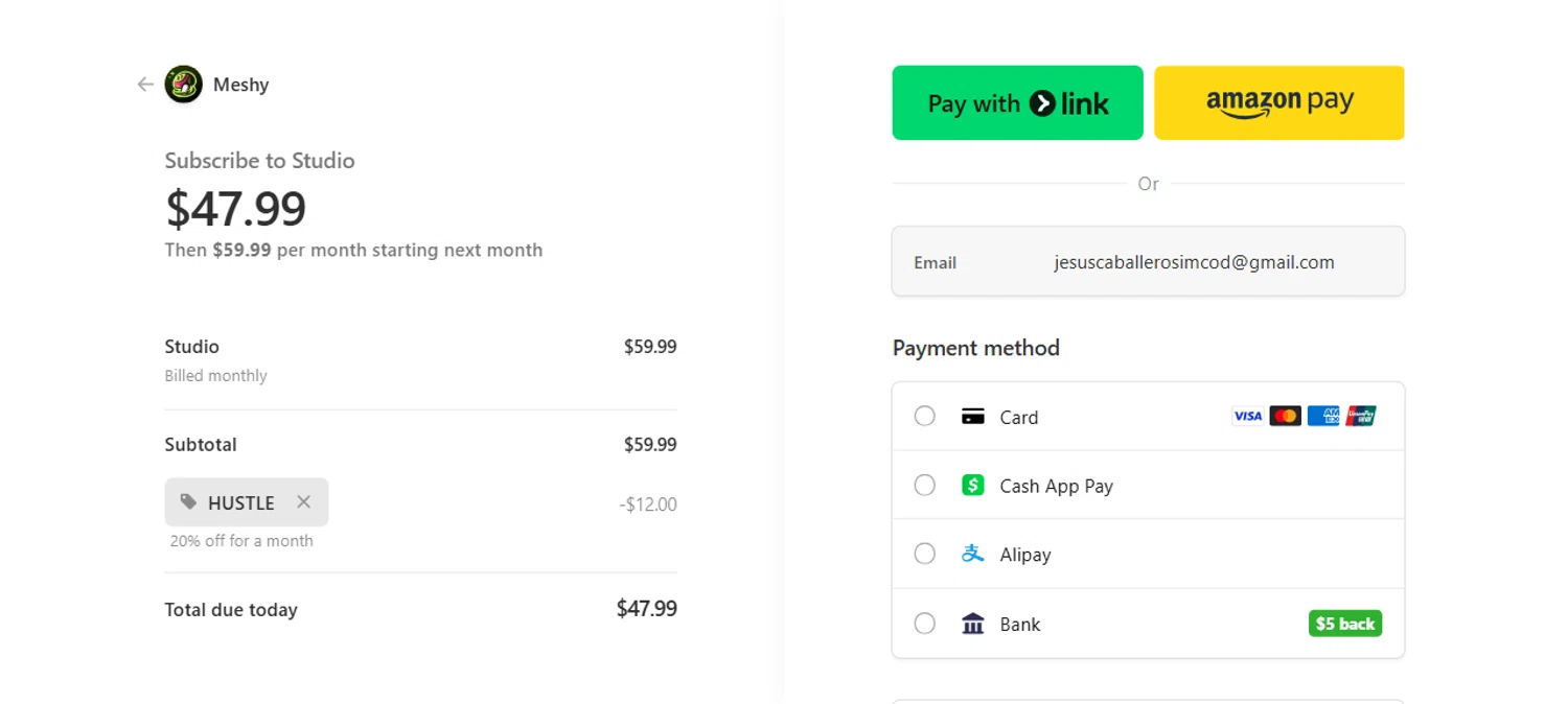 Meshy AI promo code screenshot showing code HUSTLE applied at Meshy AI checkout page. Uploaded by SimplyCodes community member JesusCaballero on Sep 26, 2025
