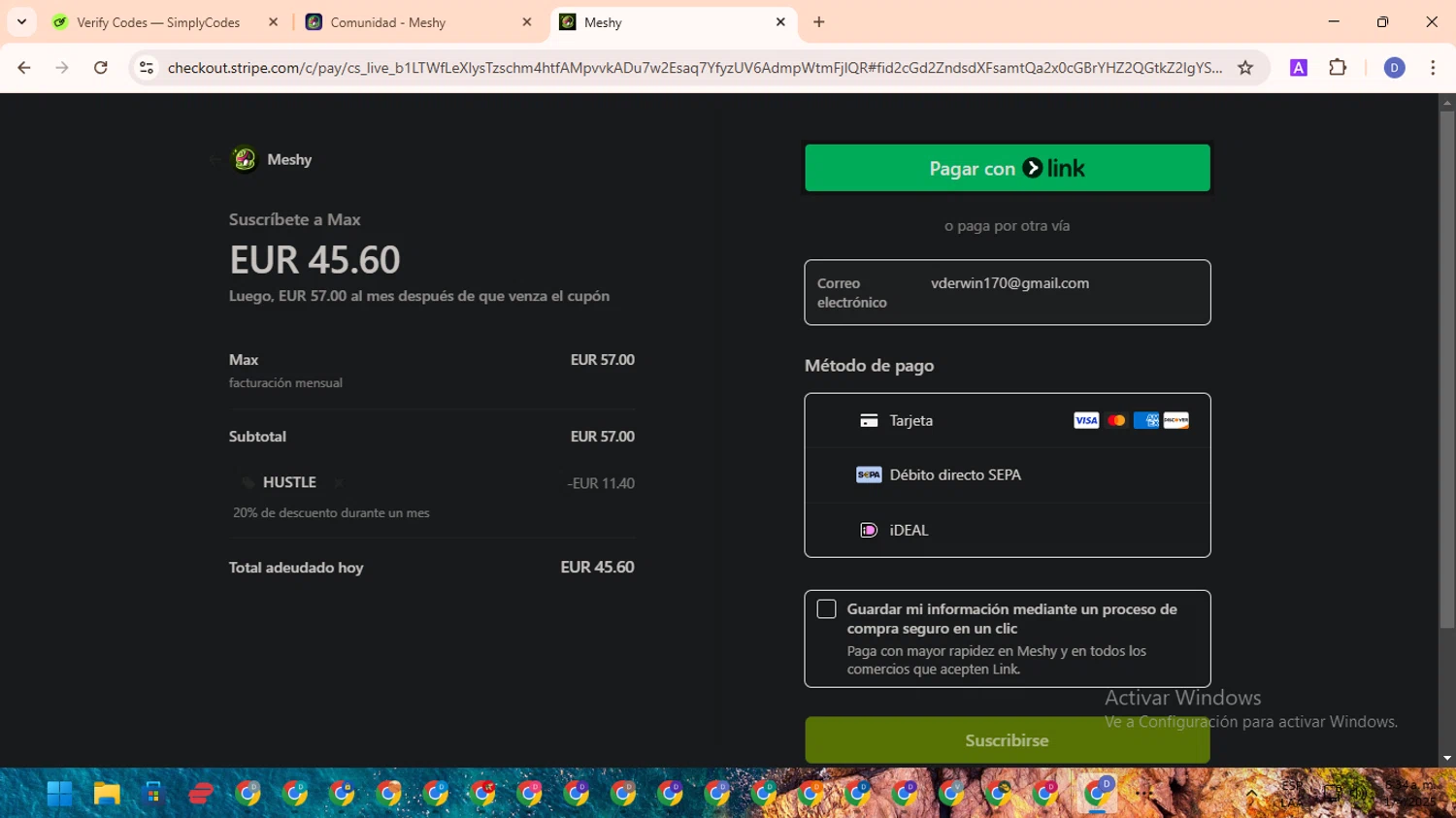 Meshy AI promo code screenshot showing code HUSTLE applied at Meshy AI checkout page. Uploaded by SimplyCodes community member RewardOwl5959 on Apr 1, 2025