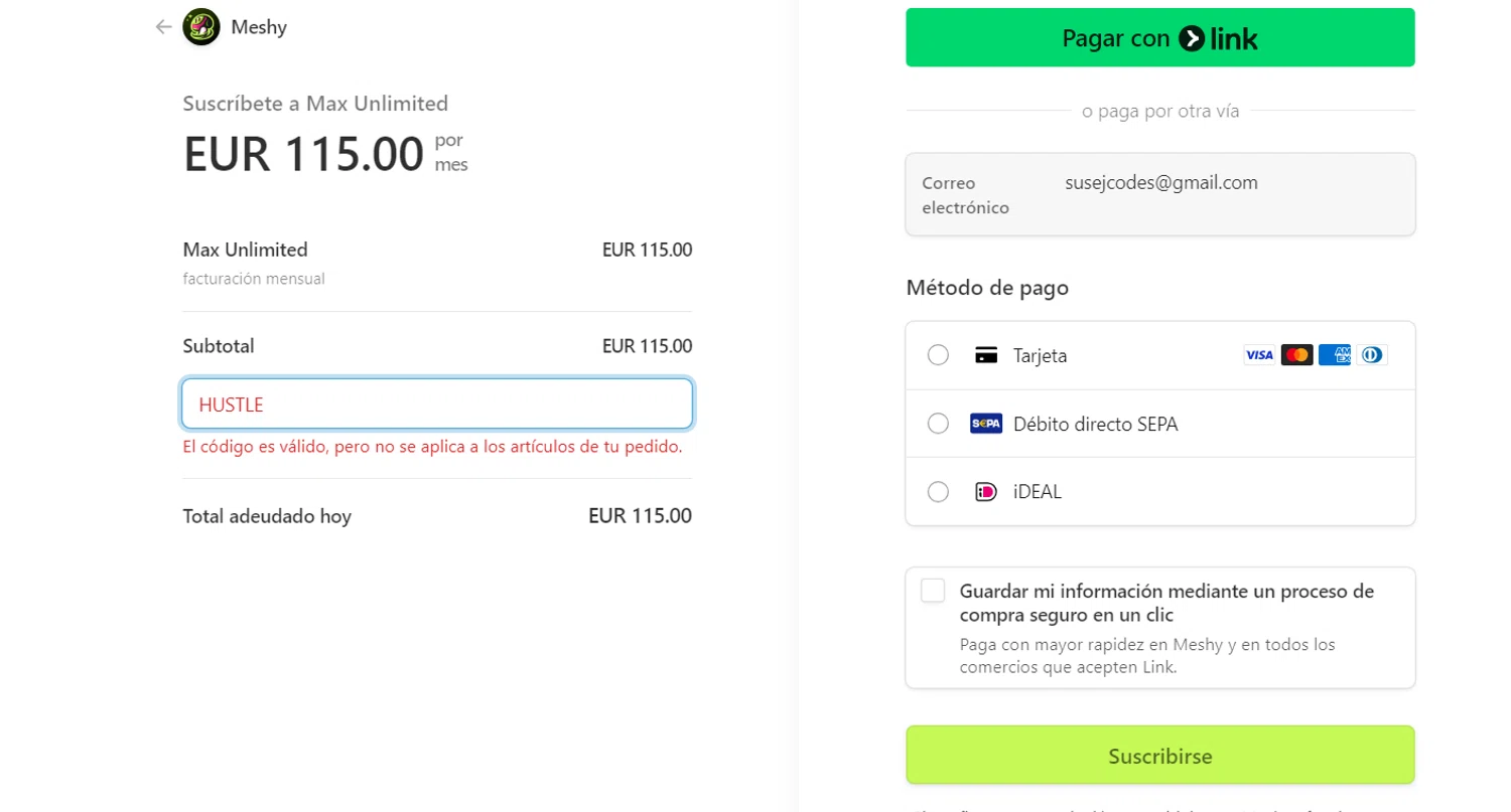 Meshy AI promo code screenshot showing code HUSTLE applied at Meshy AI checkout page. Uploaded by SimplyCodes community member perrasimplera on Mar 3, 2025
