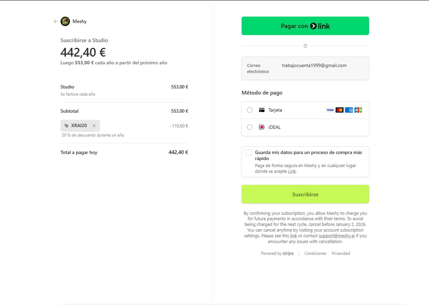 Meshy AI promo code screenshot showing code XRAI20 applied at Meshy AI checkout page. Uploaded by SimplyCodes community member MagnificentFalcon188 on Dec 2, 2025