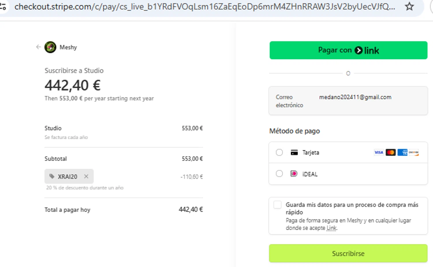 Meshy AI promo code screenshot showing code XRAI20 applied at Meshy AI checkout page. Uploaded by SimplyCodes community member PennyOwl2559 on Sep 4, 2025