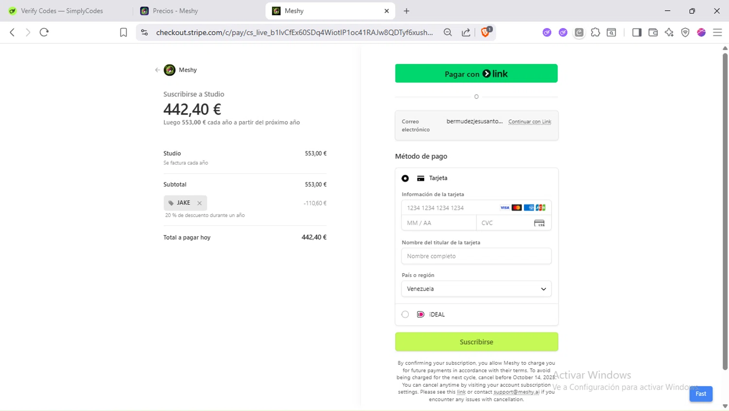 Meshy AI promo code screenshot showing code JAKE applied at Meshy AI checkout page. Uploaded by SimplyCodes community member SapeGato on Sep 14, 2025