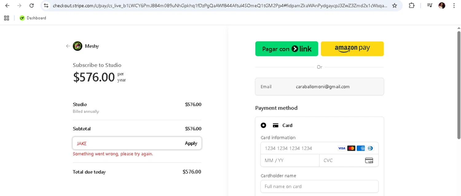 Meshy AI promo code screenshot showing code JAKE applied at Meshy AI checkout page. Uploaded by SimplyCodes community member monicacaraballo on Sep 14, 2025