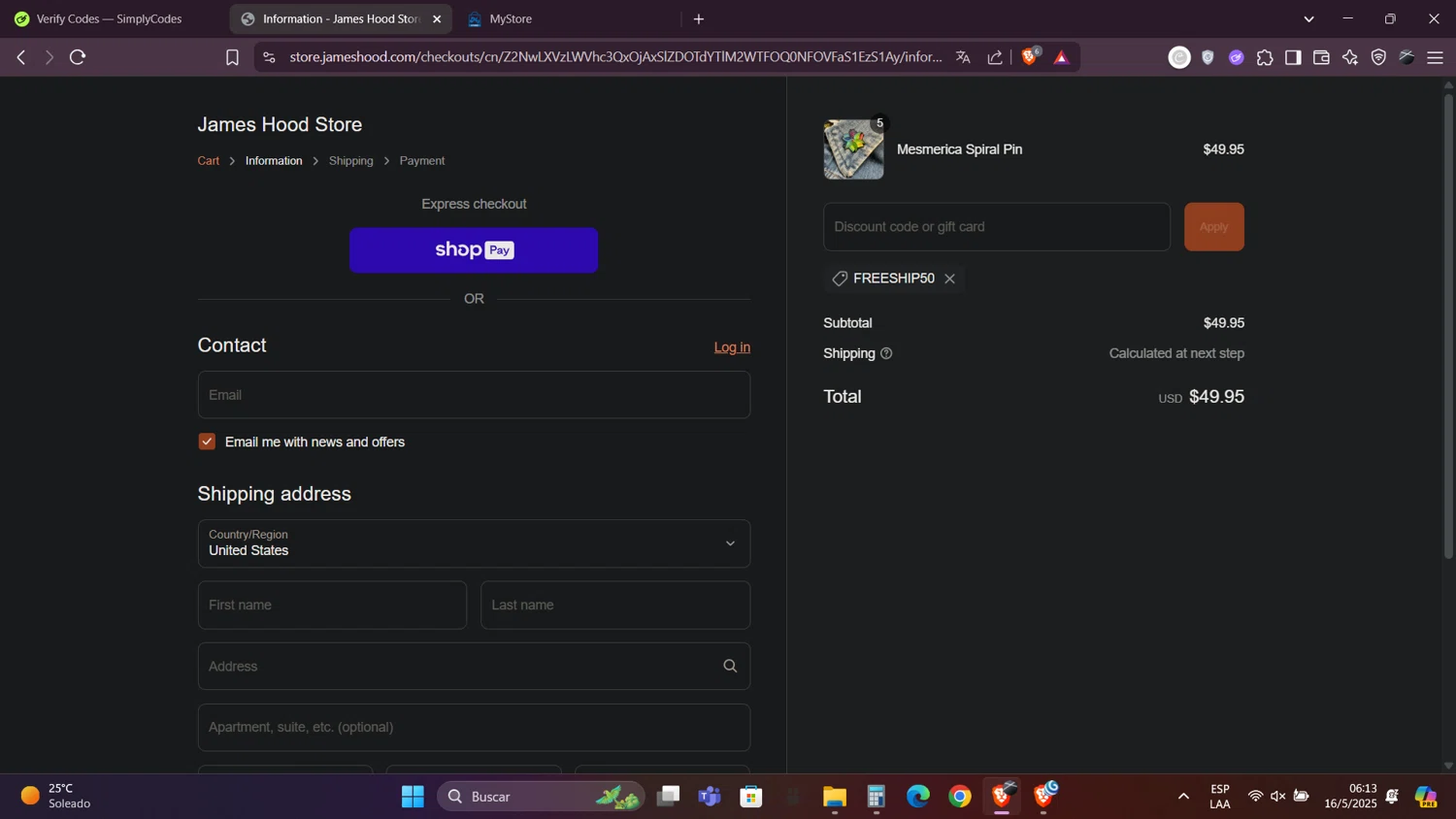 Mesmerica promo code screenshot showing code FREESHIP50 applied at Mesmerica checkout page. Uploaded by SimplyCodes community member Caraxes on May 16, 2025