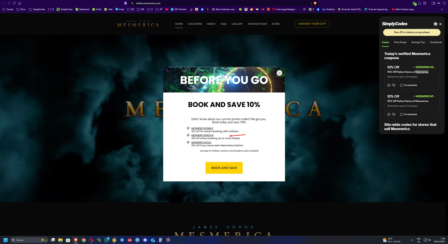 Mesmerica promo code screenshot showing code MESMERICAGROUP applied at Mesmerica checkout page. Uploaded by SimplyCodes community member UnkNownVnzla on Nov 26, 2025