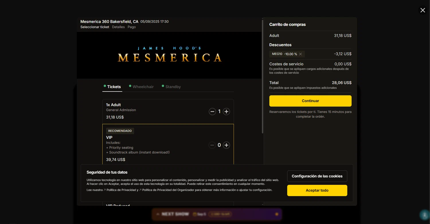 Mesmerica promo code screenshot showing code MEG10 applied at Mesmerica checkout page. Uploaded by SimplyCodes community member vctr7w7x on Jun 25, 2025