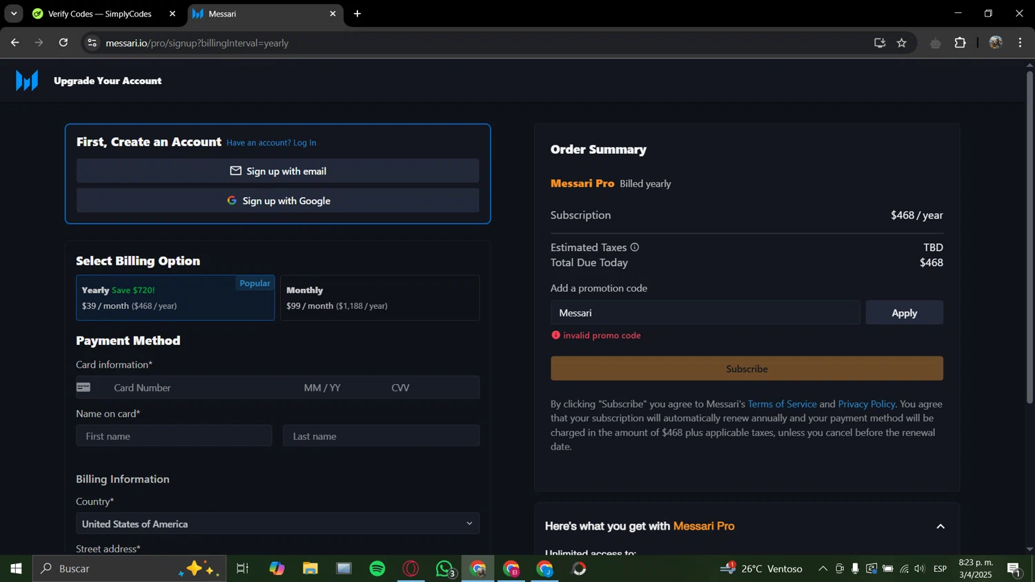 Messari promo code screenshot showing code Messari applied at Messari checkout page. Uploaded by SimplyCodes community member JolyneCujoh on Apr 4, 2025