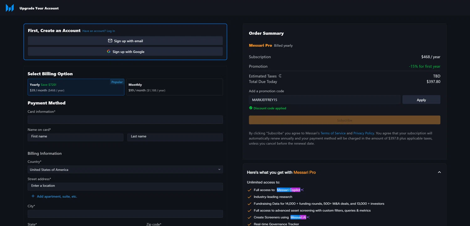 Messari checkout page showing Messari promo code box | Screenshot taken by SimplyCodes community member on Apr 25, 2025